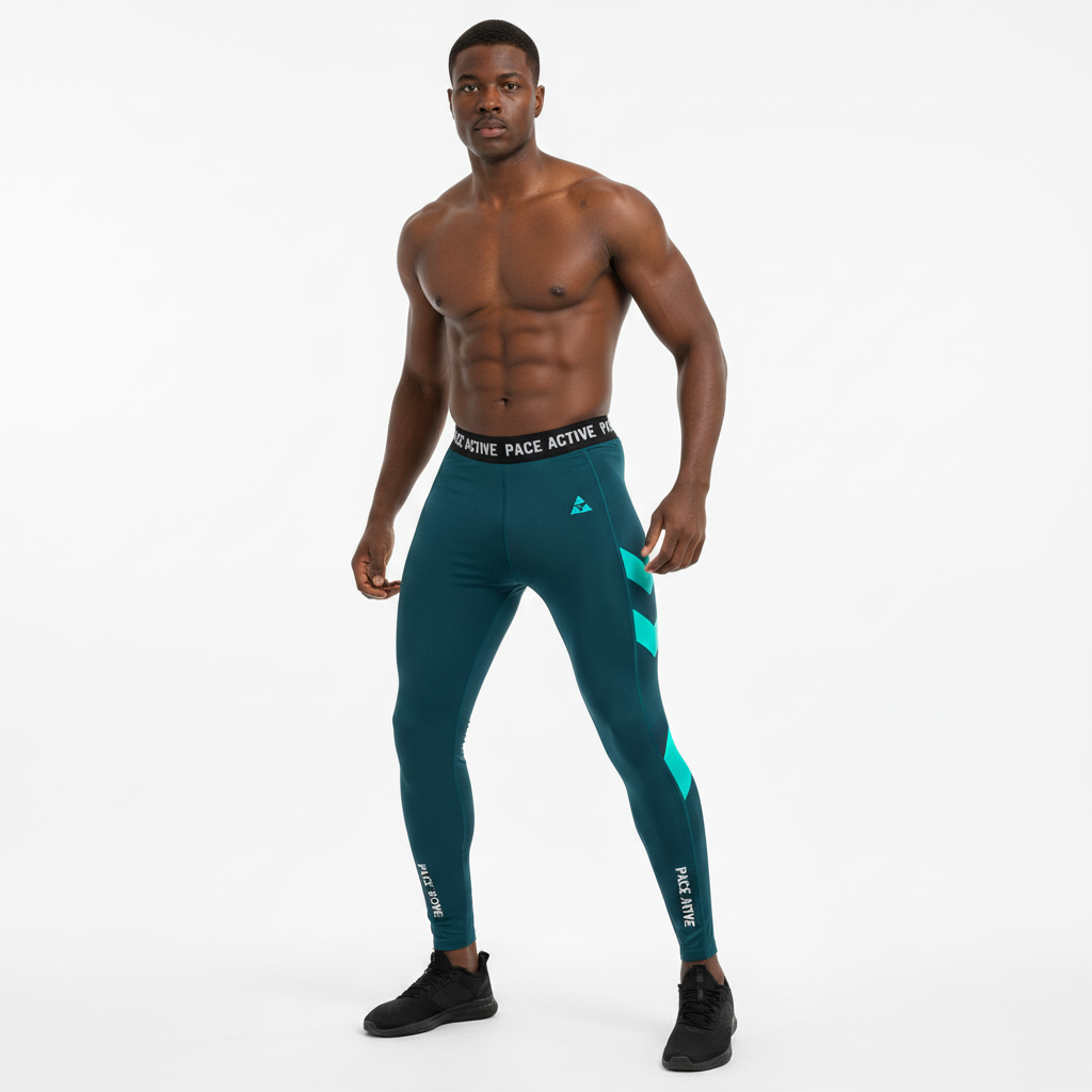 Men's Full-Length Running Tights - Dark Teal with Turquoise Chevron and Pace Active Logo
