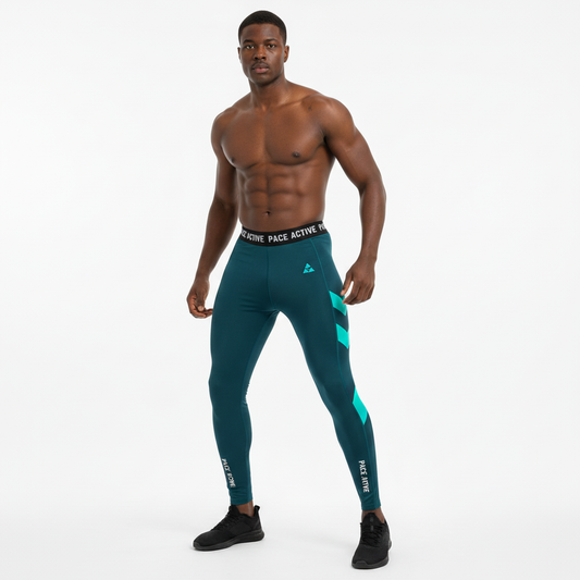 Men's Full-Length Running Tights - Dark Teal with Turquoise Chevron and Pace Active Logo